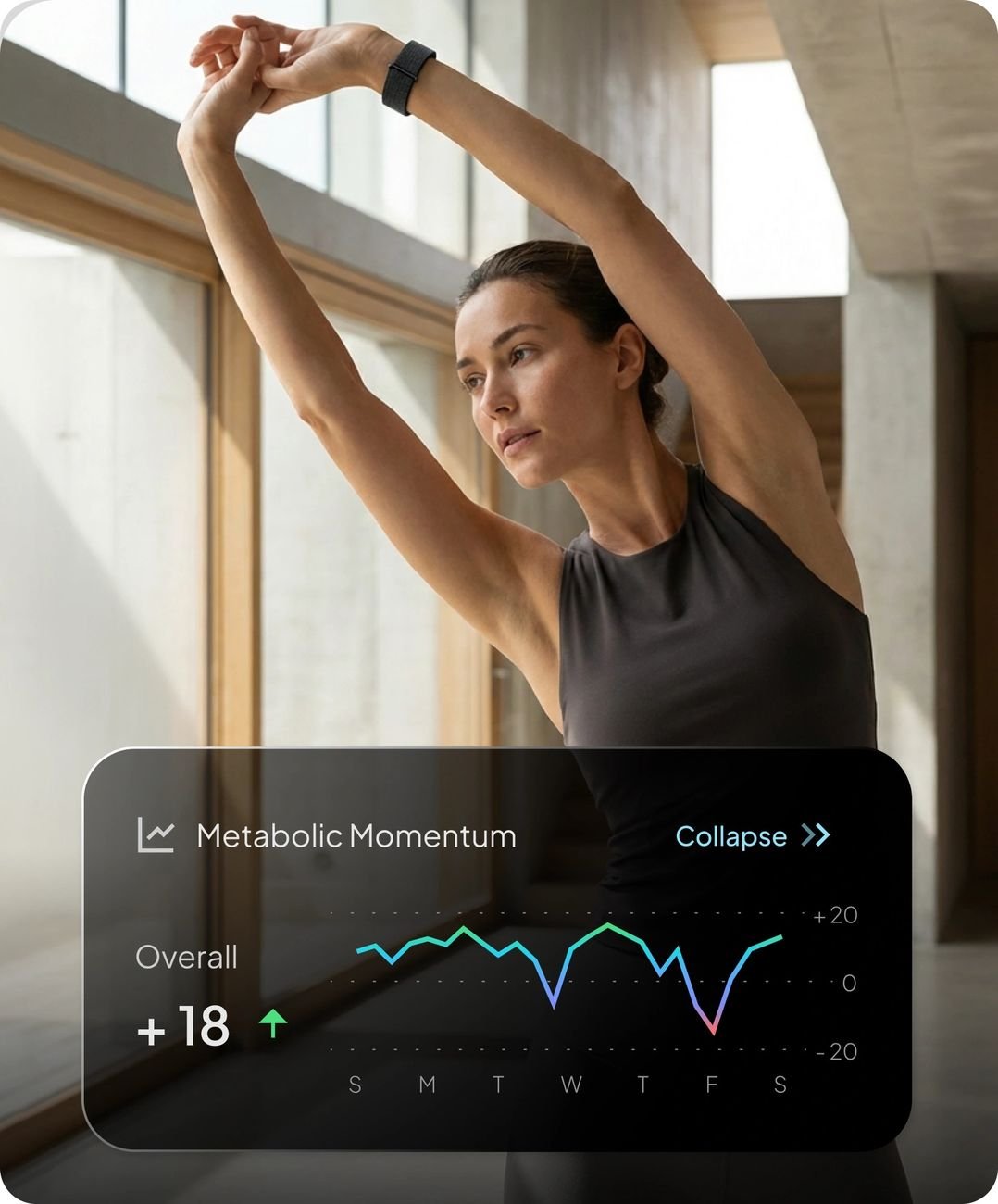 Woman stretching while wearing the Hulme Band — Metabolic Momentum graph on screen