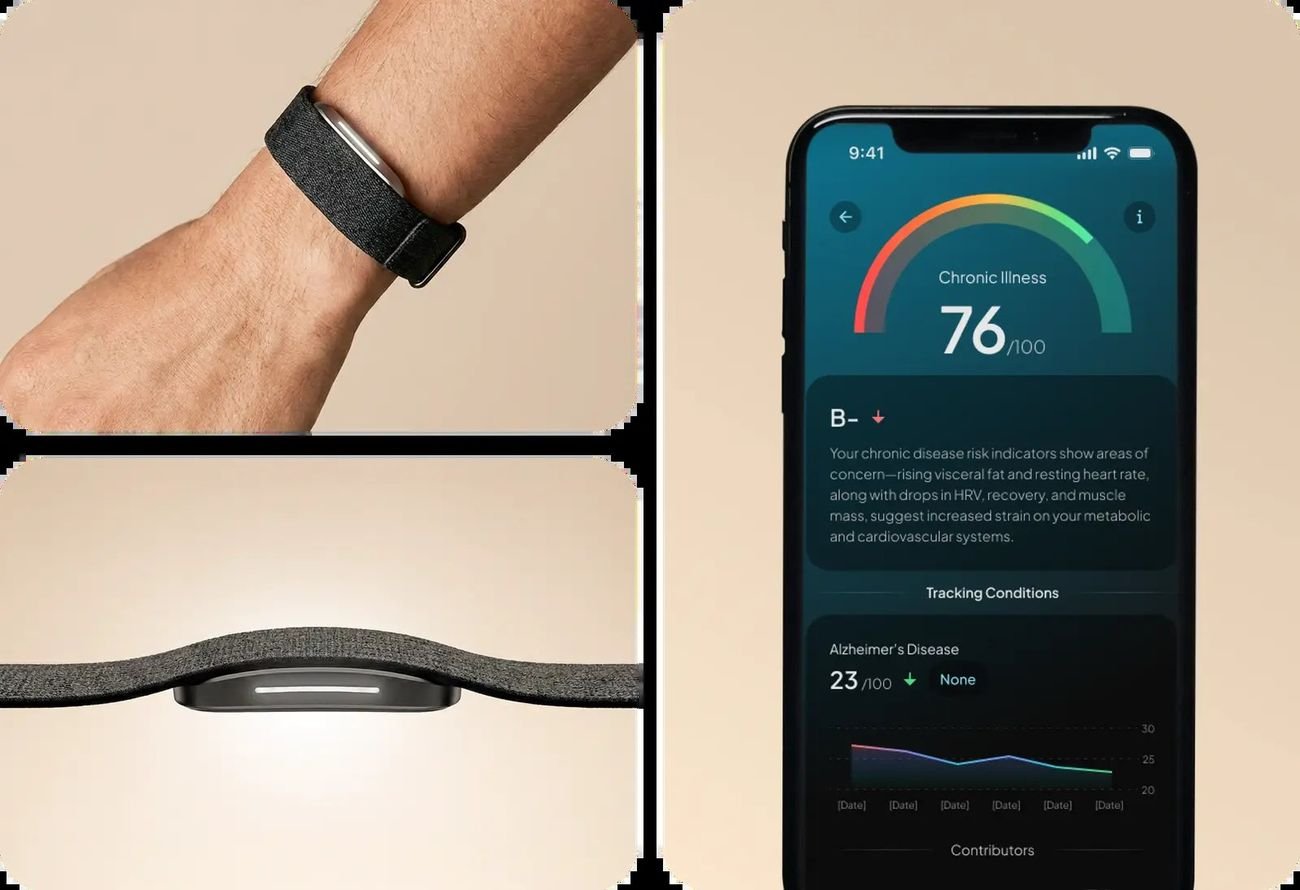 Hulme Band on the wrist next to a phone showing a chronic illness risk score in the app