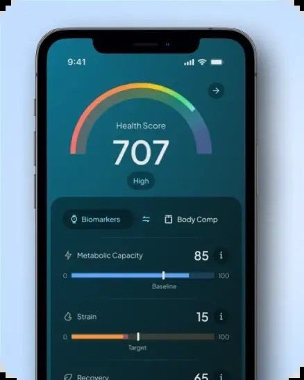Hume Health app screen showing overall health score and metabolic breakdown